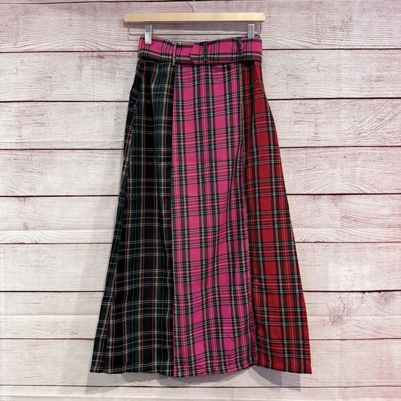 English Factory Colorblock Plaid Midi Skirt Multicolor Size XS High Waist Preppy - Picture 3 of 9